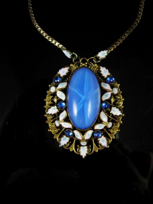 Czech Necklace Vintage Max Neiger 1920 ART Deco BLUE enamel glass Victorian Jewelry Brass filigree pendant