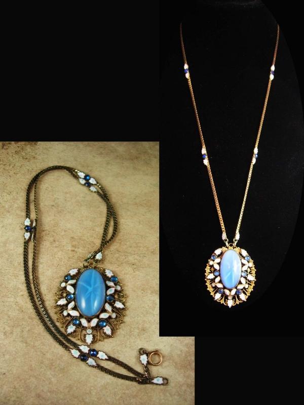 Czech Necklace Vintage Max Neiger 1920 ART Deco BLUE enamel glass Victorian Jewelry Brass filigree pendant