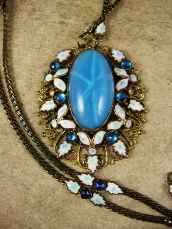 Czech Necklace Vintage Max Neiger 1920 ART Deco BLUE enamel glass Victorian Jewelry Brass filigree pendant