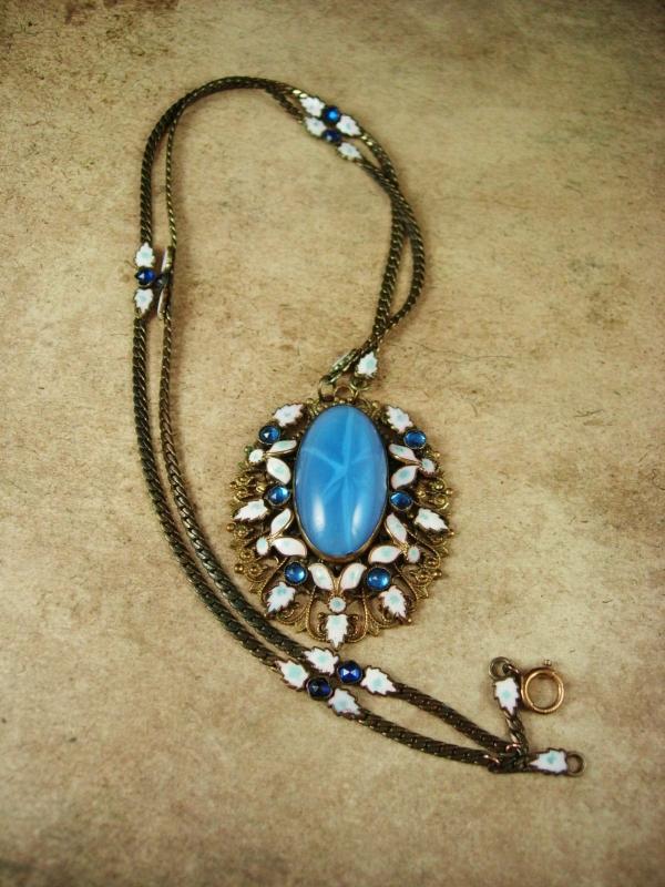 Czech Necklace Vintage Max Neiger 1920 ART Deco BLUE enamel glass Victorian Jewelry Brass filigree pendant