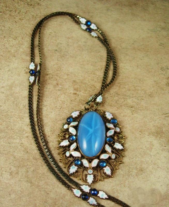 Czech Necklace Vintage Max Neiger 1920 ART Deco BLUE enamel glass Victorian Jewelry Brass filigree pendant