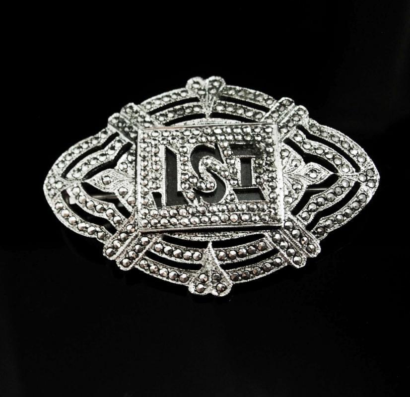 Fancy Sterling Antique Marcasite brooch Initial letter IST LSI peronalized art deco silver estate heirloom art deco vintage jewelry