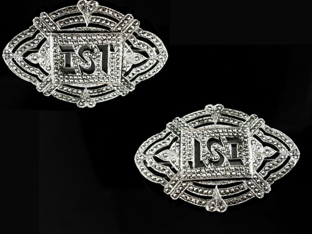 Fancy Sterling Antique Marcasite brooch Initial letter IST LSI peronalized art deco silver estate heirloom art deco vintage jewelry