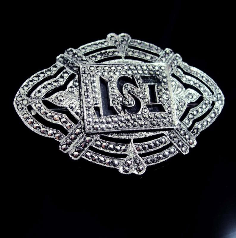 Fancy Sterling Antique Marcasite brooch Initial letter IST LSI peronalized art deco silver estate heirloom art deco vintage jewelry