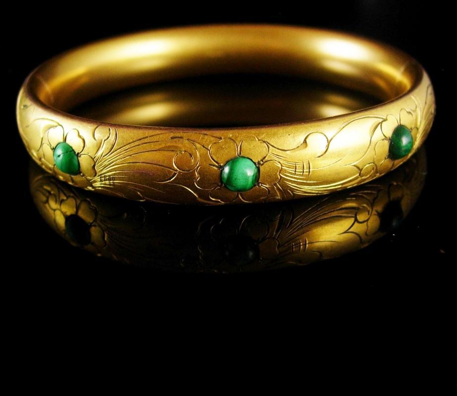 Antique Victorian Bracelet Vintage hinged bangle Malachite signed vintage gold Fancy etchings