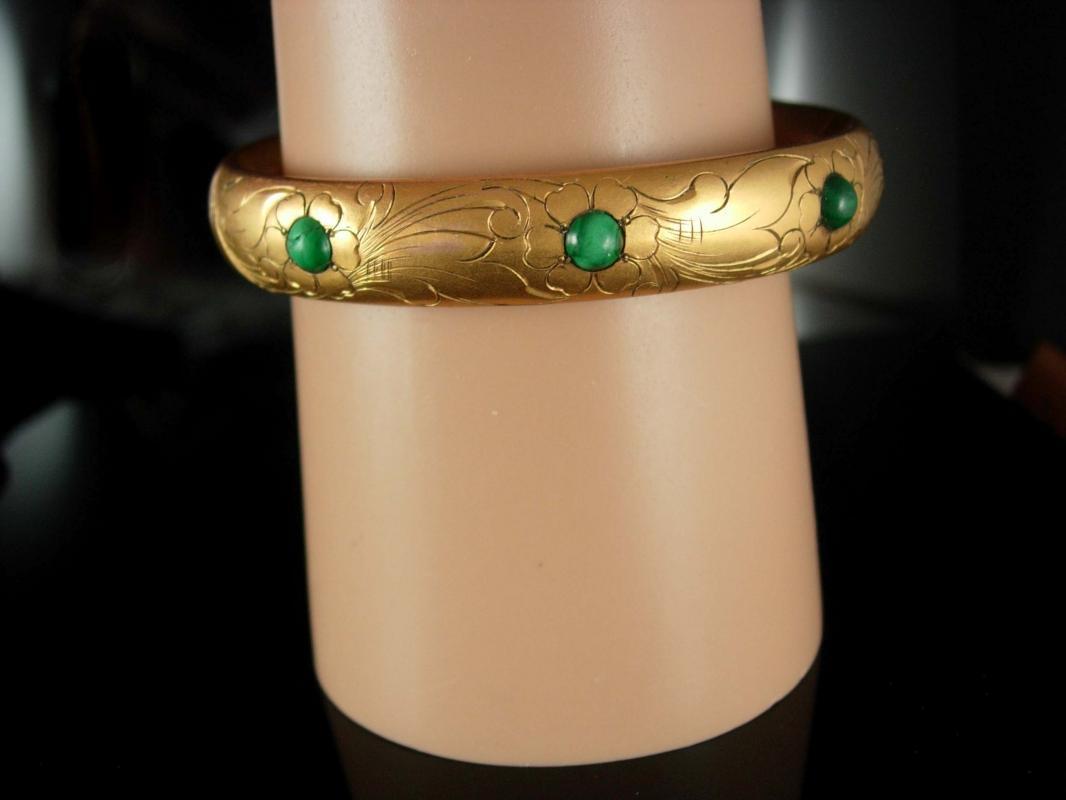 Antique Victorian Bracelet Vintage hinged bangle Malachite signed vintage gold Fancy etchings