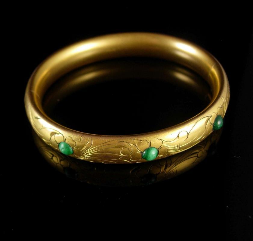 Antique Victorian Bracelet Vintage hinged bangle Malachite signed vintage gold Fancy etchings