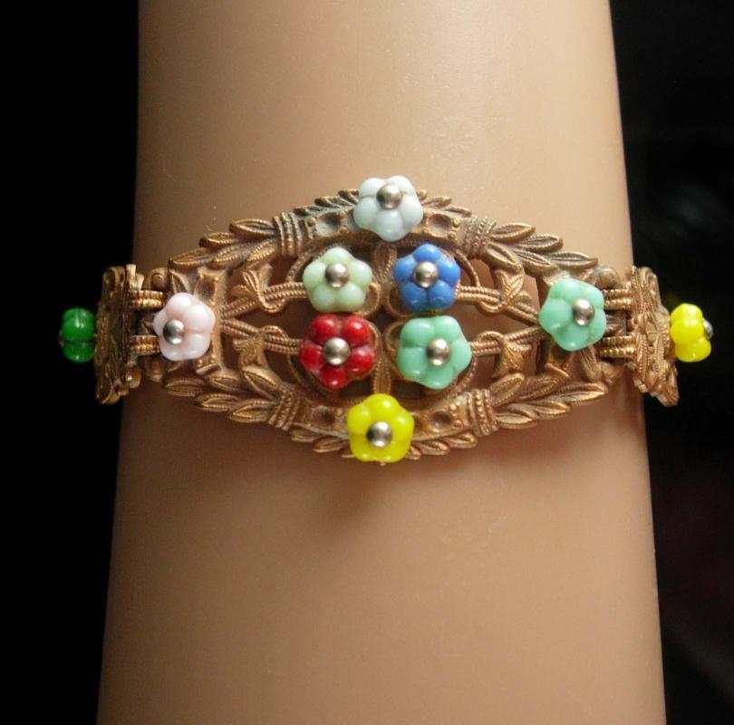 Vintage czech flower Bracelet art deco ornate brass filigree Rare beauty estate jewelry