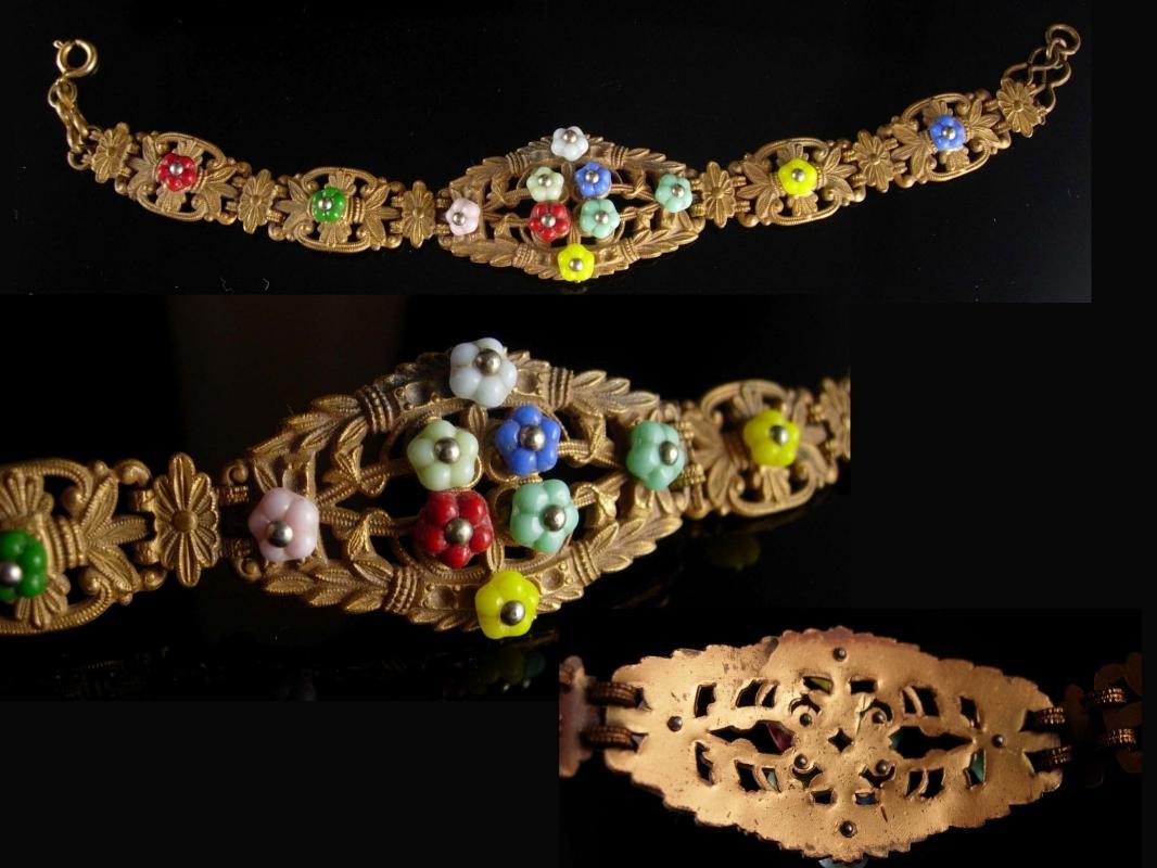 Vintage czech flower Bracelet art deco ornate brass filigree Rare beauty estate jewelry