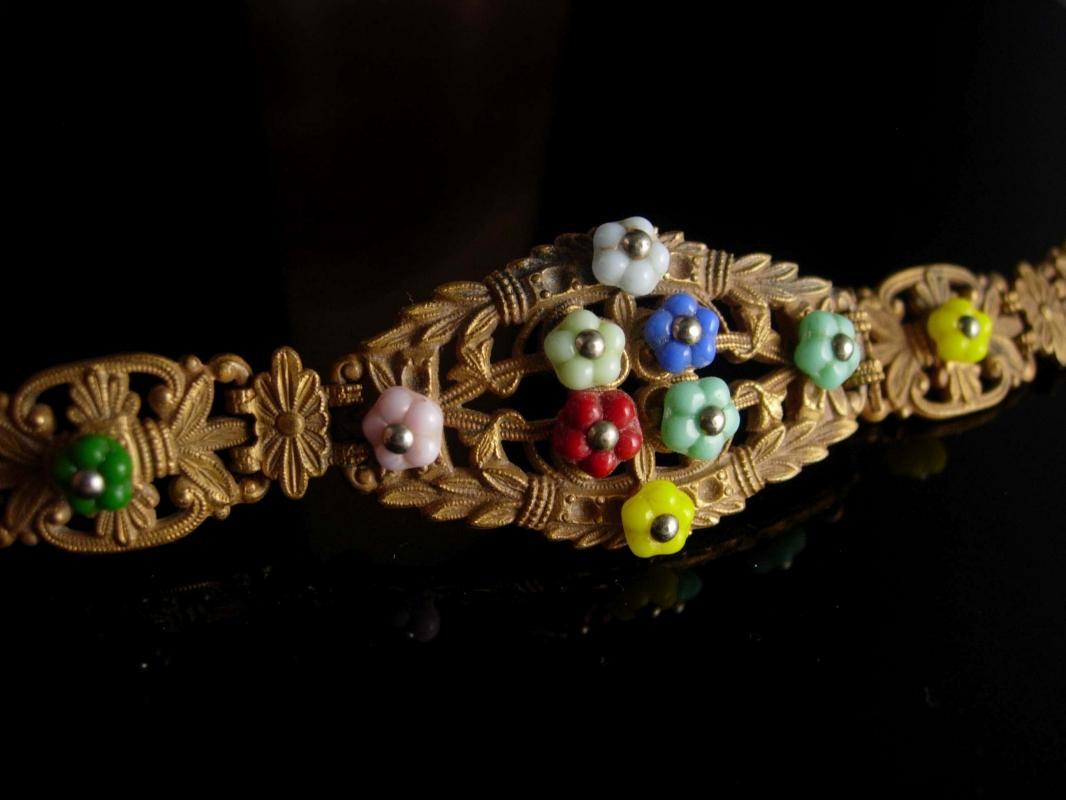 Vintage czech flower Bracelet art deco ornate brass filigree Rare beauty estate jewelry