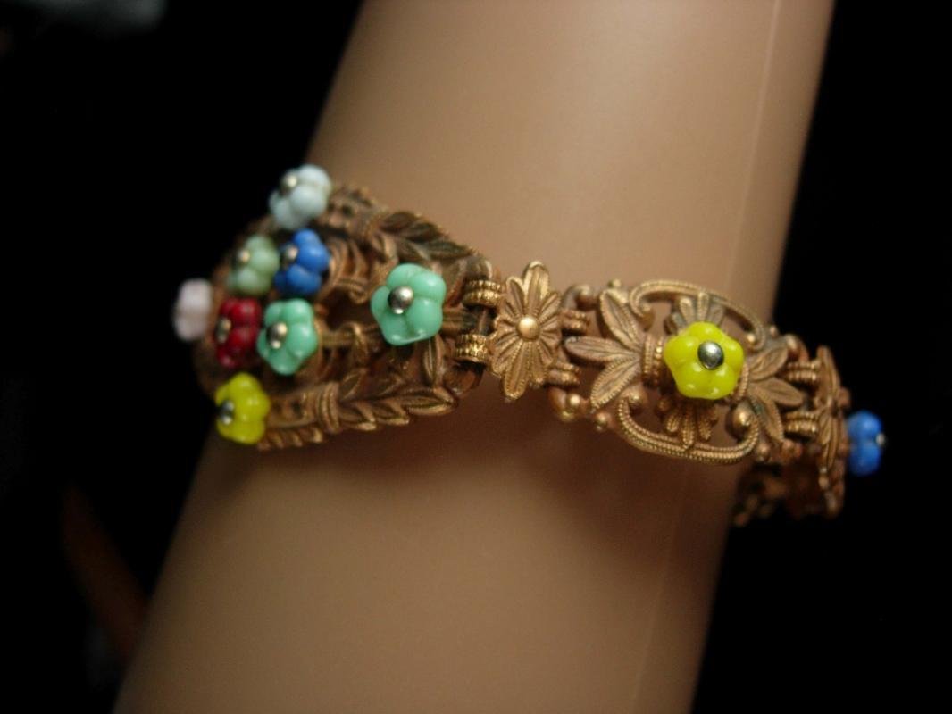 Vintage czech flower Bracelet art deco ornate brass filigree Rare beauty estate jewelry