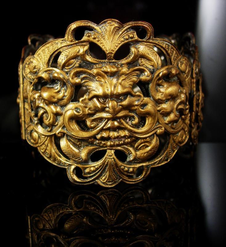 HUge Vintage Gargoyle bracelet Bacchus Relief bangle hinged with figural mythology God Gothic jewelry