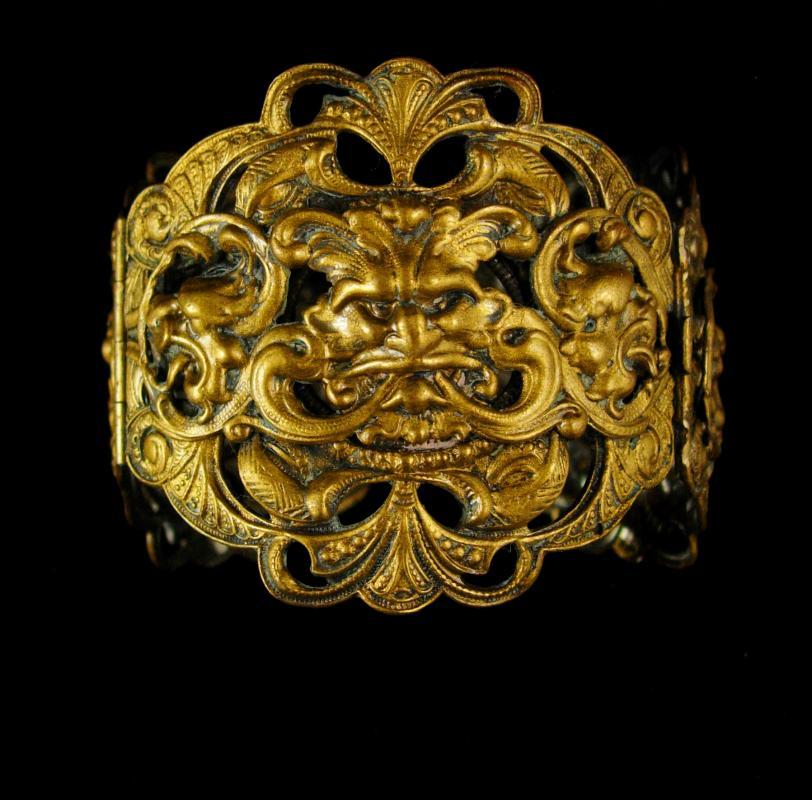 HUge Vintage Gargoyle bracelet Bacchus Relief bangle hinged with figural mythology God Gothic jewelry