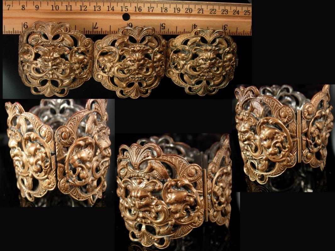 HUge Vintage Gargoyle bracelet Bacchus Relief bangle hinged with figural mythology God Gothic jewelry