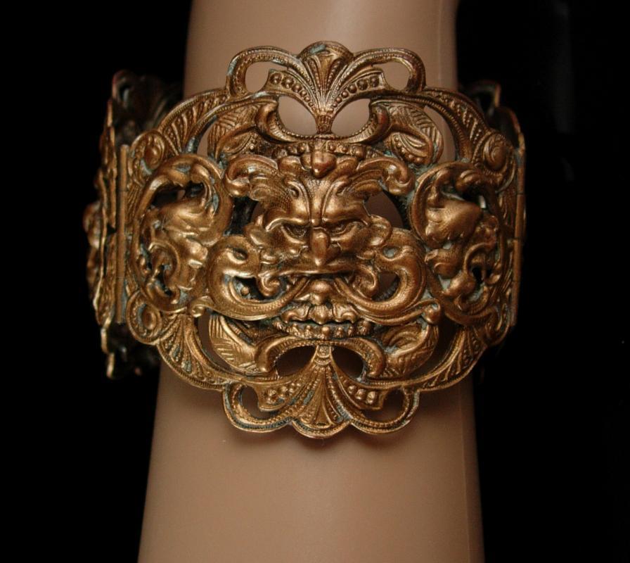 HUge Vintage Gargoyle bracelet Bacchus Relief bangle hinged with figural mythology God Gothic jewelry