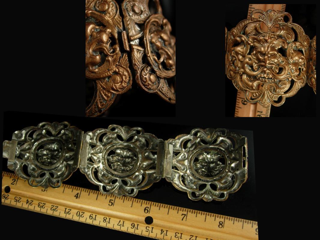 HUge Vintage Gargoyle bracelet Bacchus Relief bangle hinged with figural mythology God Gothic jewelry