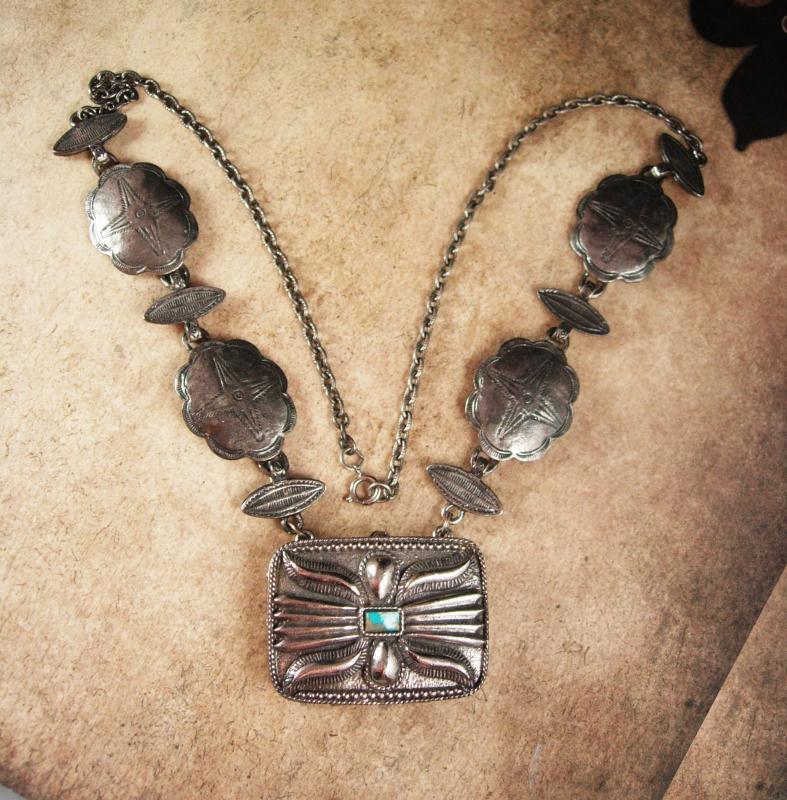 Vintage Perfume Necklace Large southwestern design concho chain locket Estee lauder Youth dew