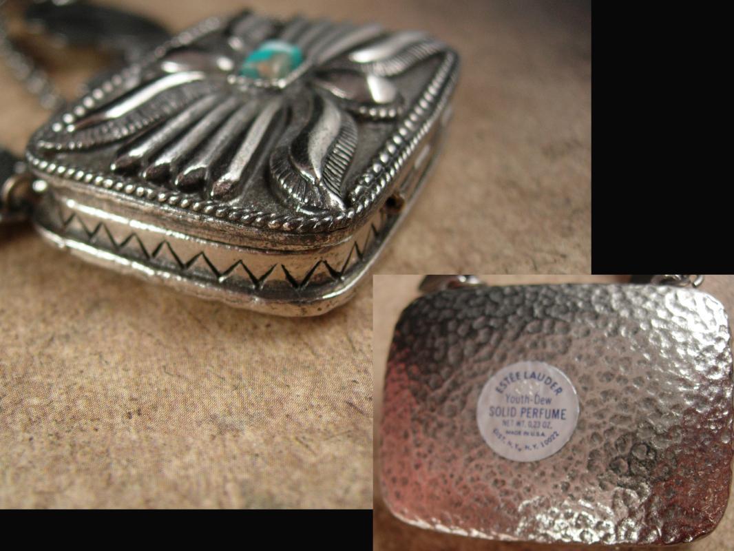 Vintage Perfume Necklace Large southwestern design concho chain locket Estee lauder Youth dew