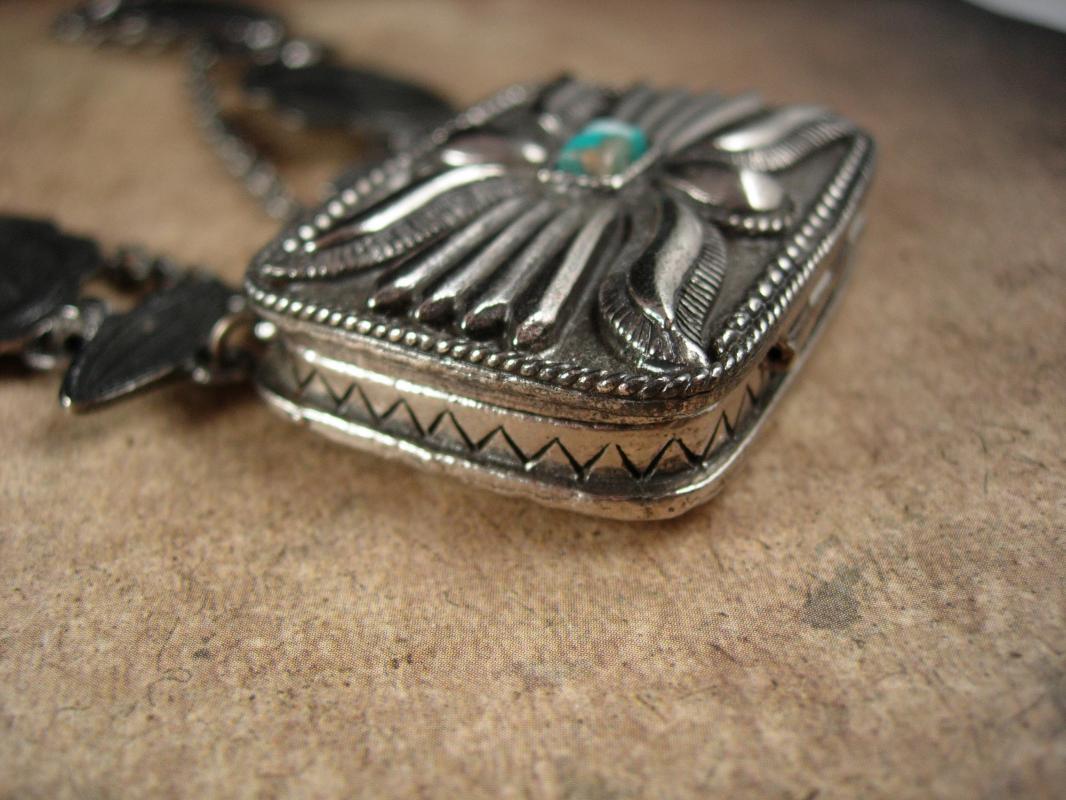 Vintage Perfume Necklace Large southwestern design concho chain locket Estee lauder Youth dew