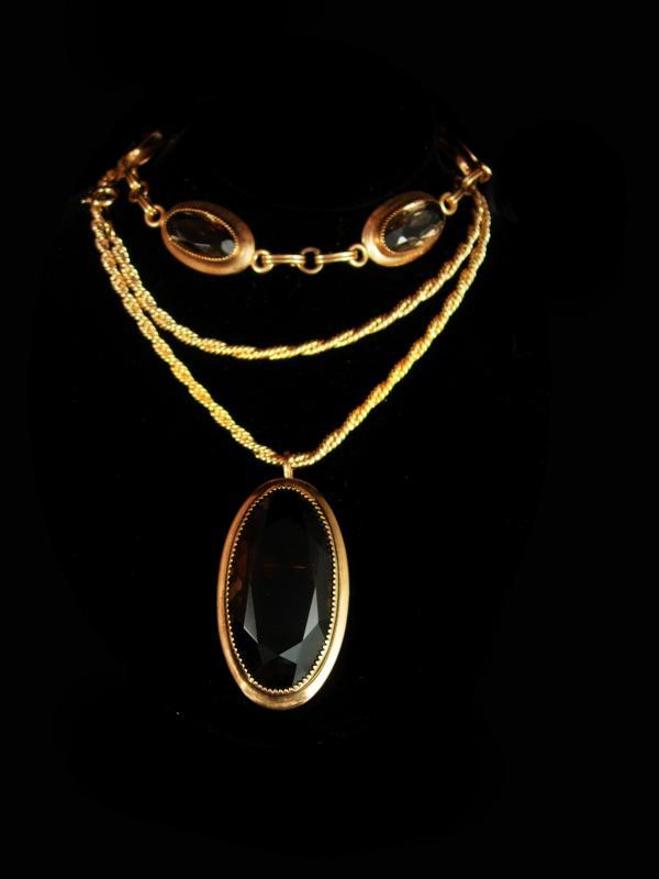 Vintage DEco BRacelet & Brooch Smoky Topaz signed pendant