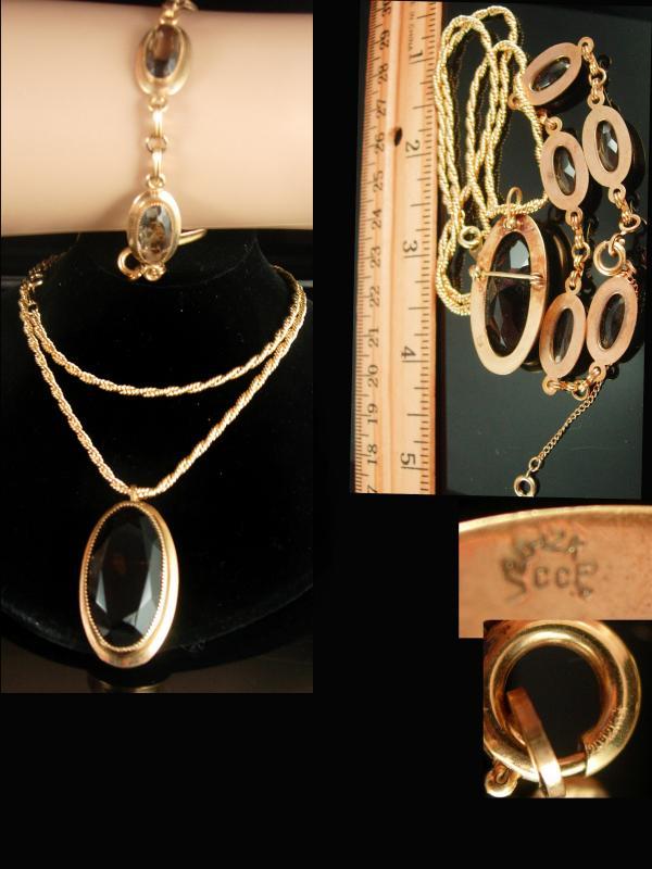 Vintage DEco BRacelet & Brooch Smoky Topaz signed pendant