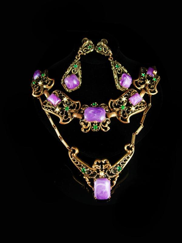 Antique HUGE Parure bracelet Vintage Purple galalith earrings Necklace Suffragette Victorian rhinestone fancy metal work statement jewelry