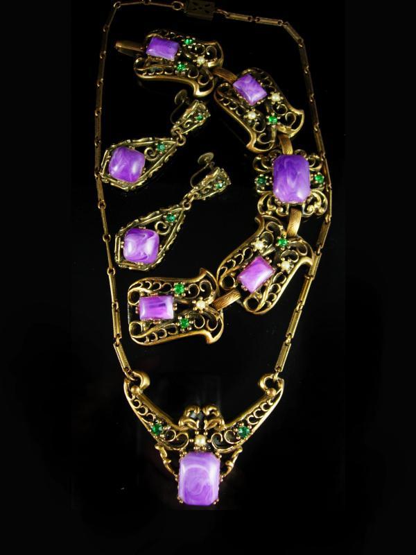 Antique HUGE Parure bracelet Vintage Purple galalith earrings Necklace Suffragette Victorian rhinestone fancy metal work statement jewelry