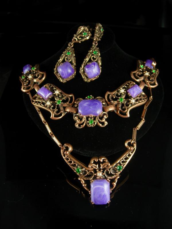 Antique HUGE Parure bracelet Vintage Purple galalith earrings Necklace Suffragette Victorian rhinestone fancy metal work statement jewelry