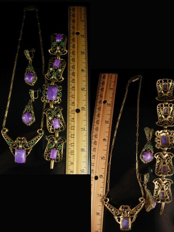Antique HUGE Parure bracelet Vintage Purple galalith earrings Necklace Suffragette Victorian rhinestone fancy metal work statement jewelry