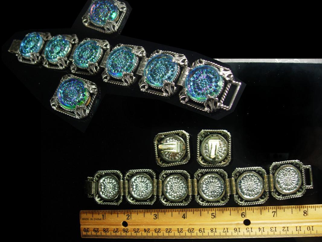 Bookchain Bracelet Stunning stone Vintage Glass Bracelet clip on earrings molded irridescent blue demi PARURE huge 8