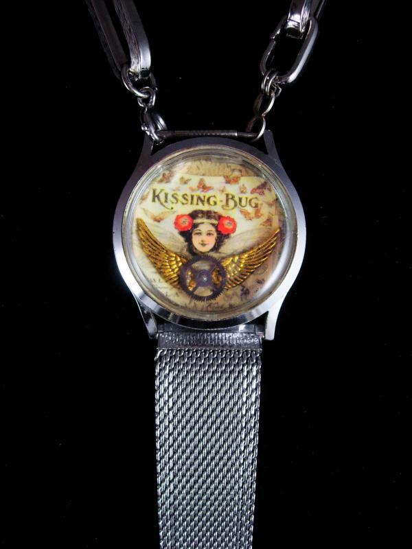 Art deco necklace Angel Necklace assemblage necklace Victorian watch fob chain Valentine 1909 Kissing bug shrine necklace steampunk necklace