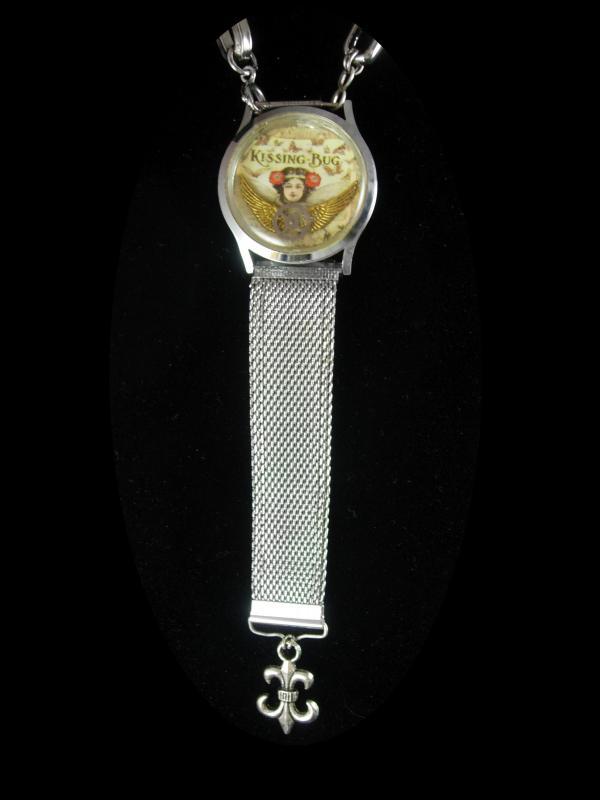 Art deco necklace Angel Necklace assemblage necklace Victorian watch fob chain Valentine 1909 Kissing bug shrine necklace steampunk necklace