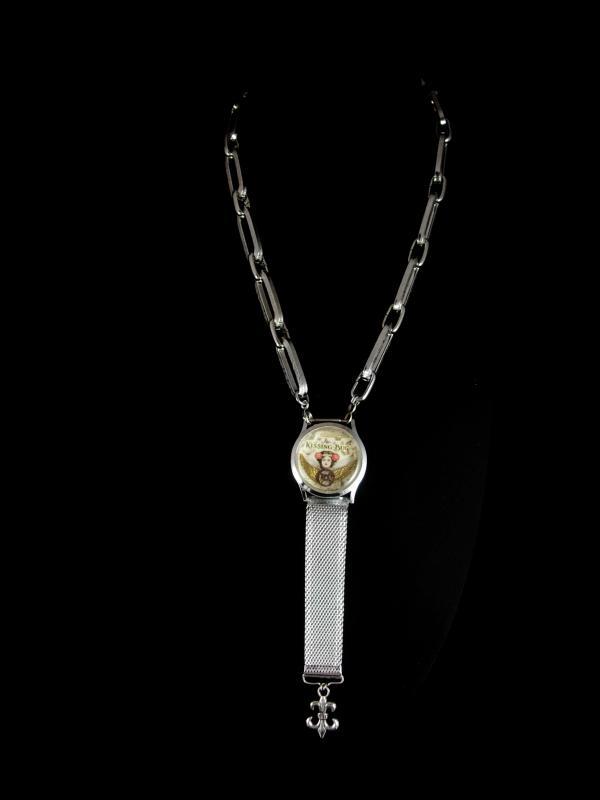 Art deco necklace Angel Necklace assemblage necklace Victorian watch fob chain Valentine 1909 Kissing bug shrine necklace steampunk necklace
