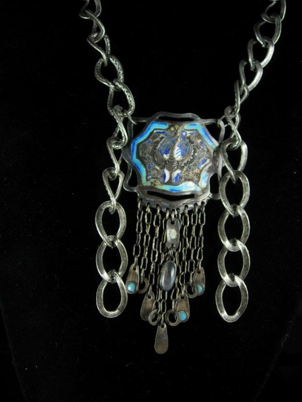 Antique Chinese necklace Enamel necklace Peacock necklace Figural ornate moonstone necklace tassel necklace statement necklace
