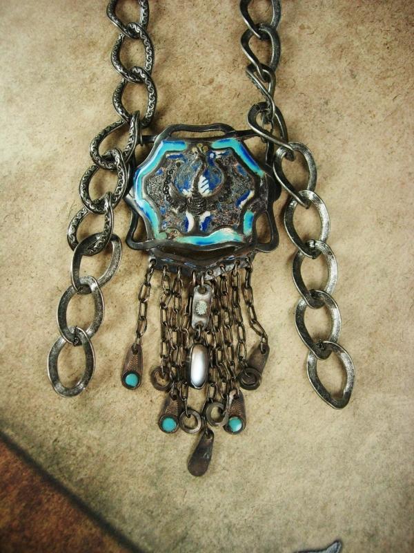 Antique Chinese necklace Enamel necklace Peacock necklace Figural ornate moonstone necklace tassel necklace statement necklace