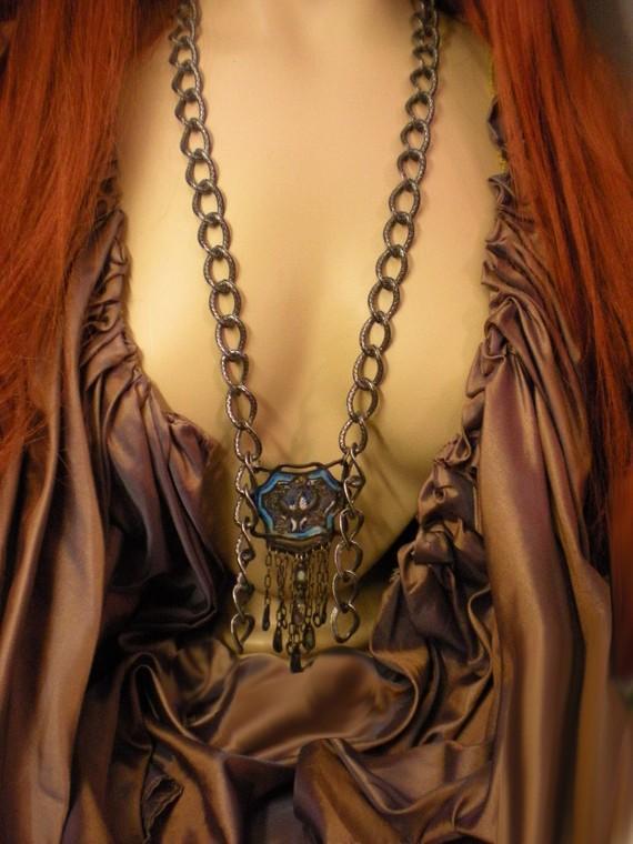 Antique Chinese necklace Enamel necklace Peacock necklace Figural ornate moonstone necklace tassel necklace statement necklace