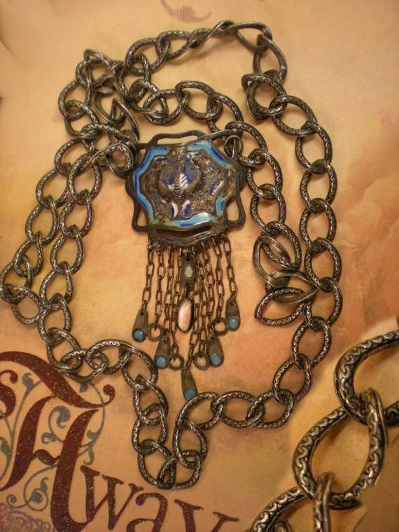 Antique Chinese necklace Enamel necklace Peacock necklace Figural ornate moonstone necklace tassel necklace statement necklace