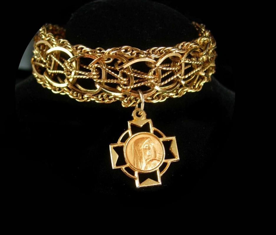 Gold filled Bracelet Religious bracelet vintage gold bracelet Virgin mary medal 12kt gold filled bracelet catholic cross charm
