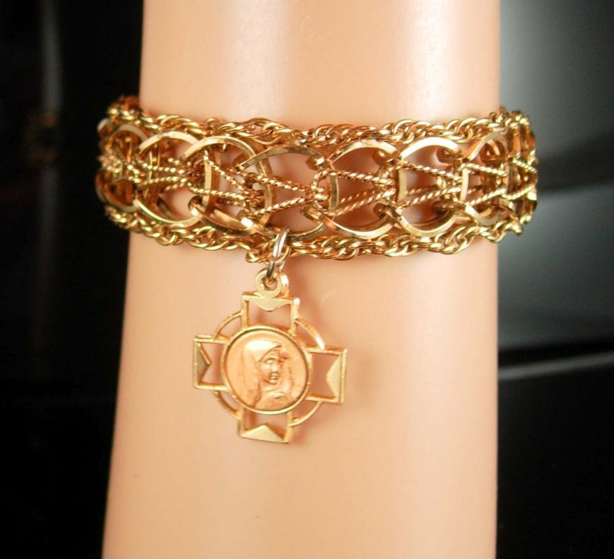 Gold filled Bracelet Religious bracelet vintage gold bracelet Virgin mary medal 12kt gold filled bracelet catholic cross charm