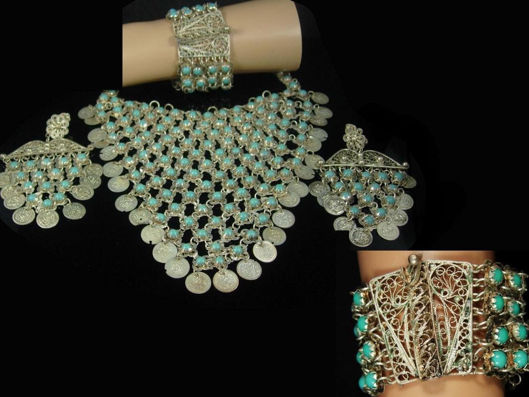 Gypsy necklace bracelet earrings turquoise parure Goddess necklace Bib necklace antique necklace statement necklace chainmail necklace bib