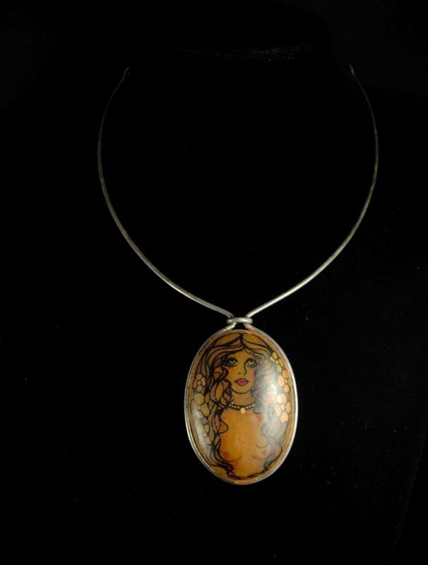 Exotic art nouveau necklace vintage sterling choker Art handpainted necklace nude necklace Goddess necklace