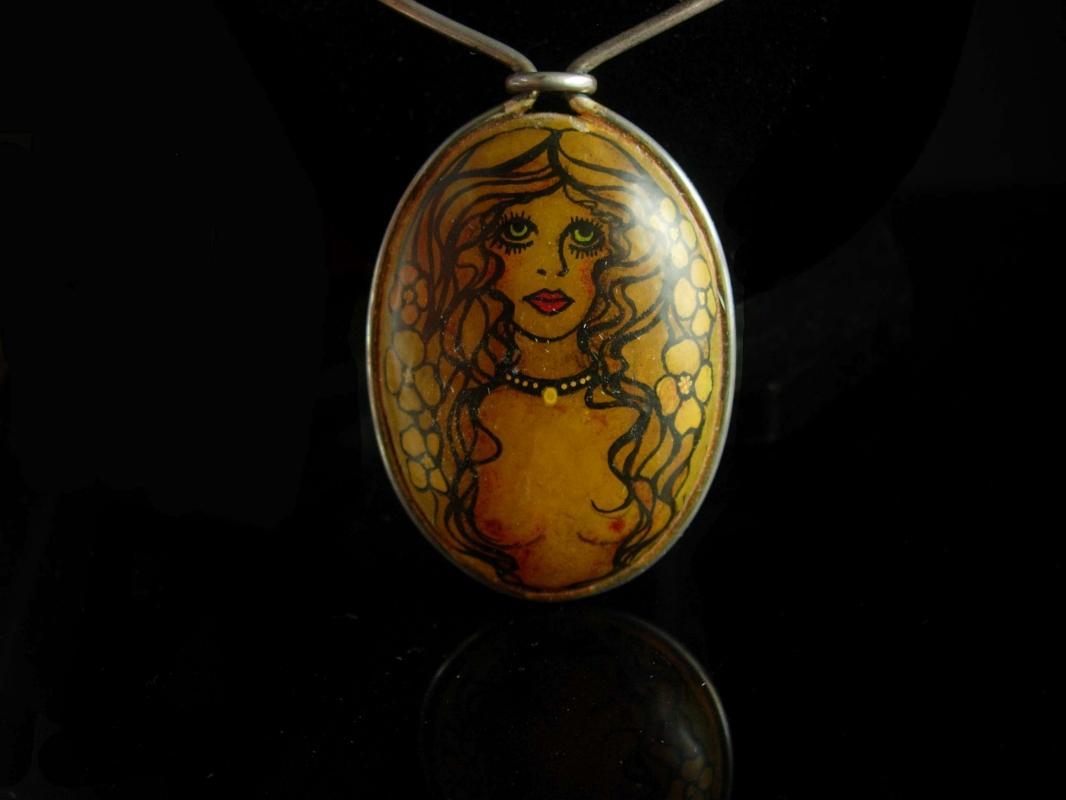 Exotic art nouveau necklace vintage sterling choker Art handpainted necklace nude necklace Goddess necklace