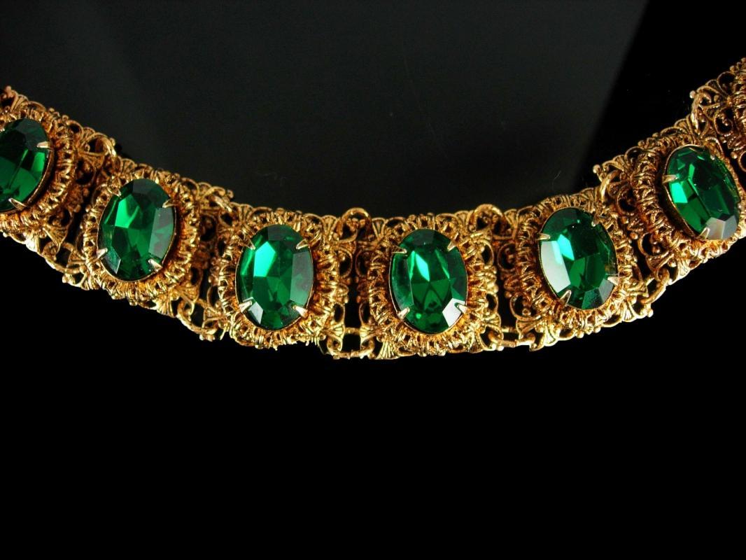 Vintage Czech bracelet Green bracelet gold filigree Rhinestone Bracelet costume jewelry Virgo March Birthday Irish Bracelet