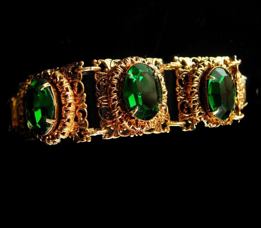 Vintage Czech bracelet Green bracelet gold filigree Rhinestone Bracelet costume jewelry Virgo March Birthday Irish Bracelet