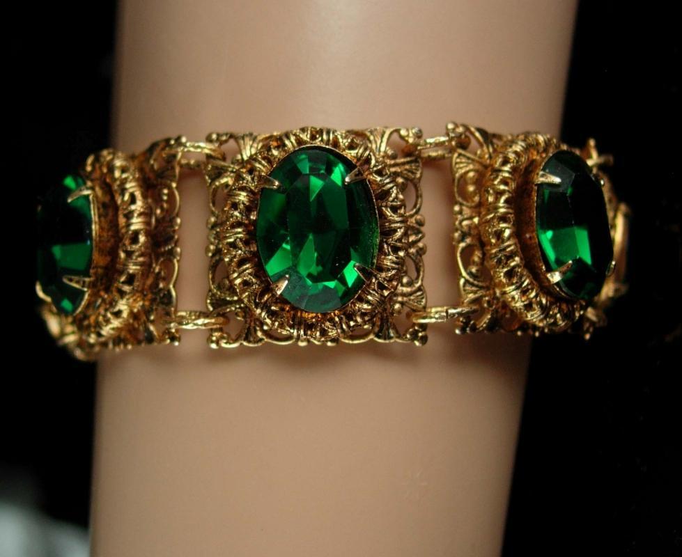 Vintage Czech bracelet Green bracelet gold filigree Rhinestone Bracelet costume jewelry Virgo March Birthday Irish Bracelet