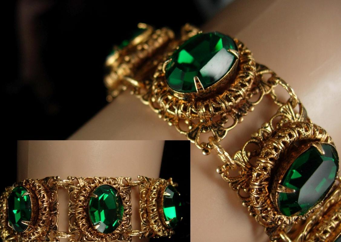 Vintage Czech bracelet Green bracelet gold filigree Rhinestone Bracelet costume jewelry Virgo March Birthday Irish Bracelet