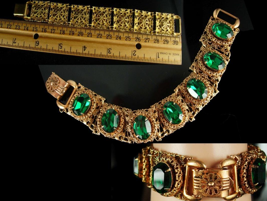 Vintage Czech bracelet Green bracelet gold filigree Rhinestone Bracelet costume jewelry Virgo March Birthday Irish Bracelet