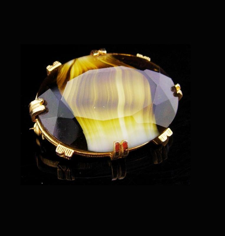 Vintage slag glass brooch brown stripe Glass gold brooch German Brooch