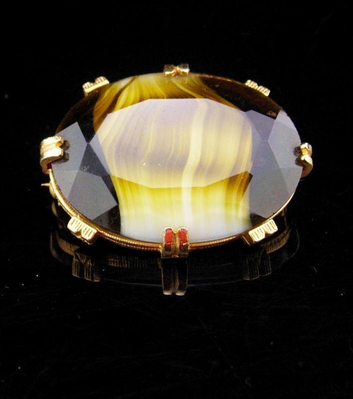 Vintage slag glass brooch brown stripe Glass gold brooch German Brooch