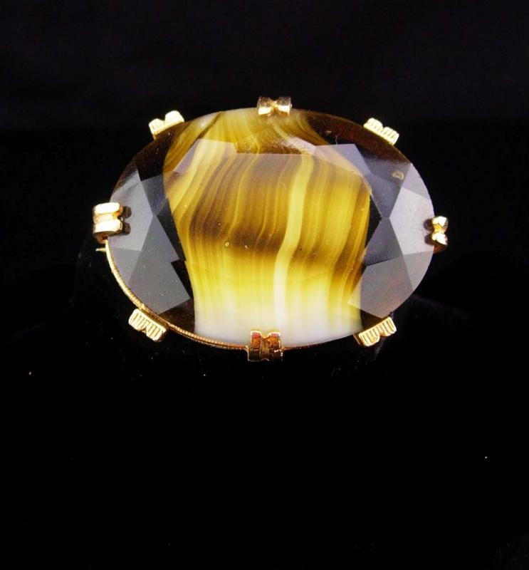 Vintage slag glass brooch brown stripe Glass gold brooch German Brooch